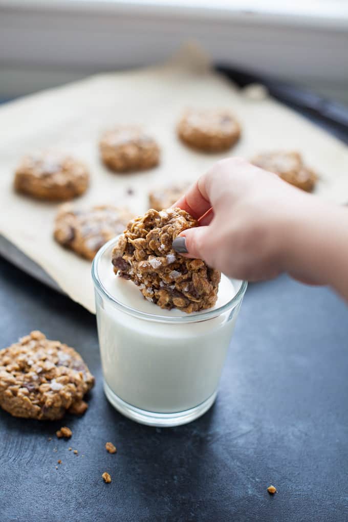 Ooey, gooey, melty chocolate chunk cookie goodness. Whip up a batch of my Dark Chocolate Almond Butter Cookies with Sea Salt this Valentine's Day (or any night you're craving a delicious treat!) Gluten Free, Dairy Free