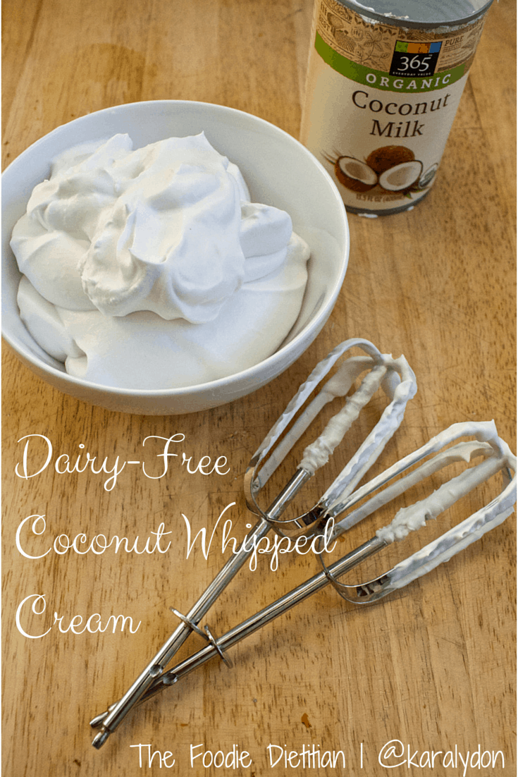 The indulgent taste and texture of real whipped cream, minus the dairy! Dairy-free coconut whipped cream is the perfect dessert topping for vegans, lactose-intolerant, and coconut lovers! | The Foodie Dietitian @karalydon