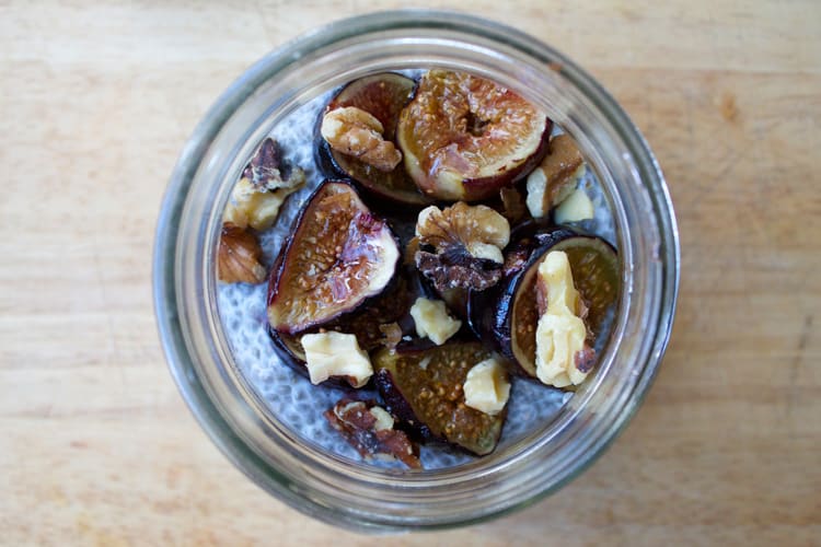 fresh figs on top of chia pudding in a mason jar