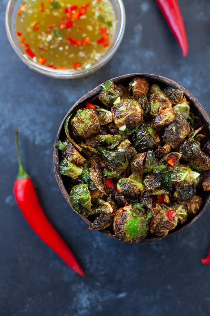 crispy Thai brussels sprouts with red peppers