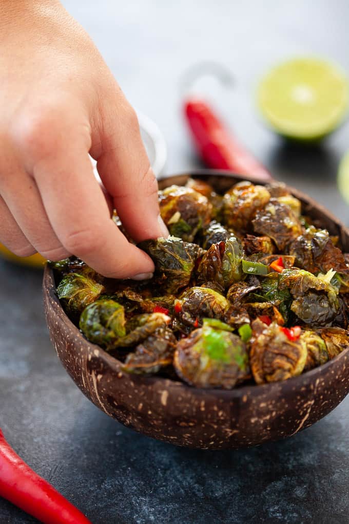 bowl of crispy Thai brussels sprouts