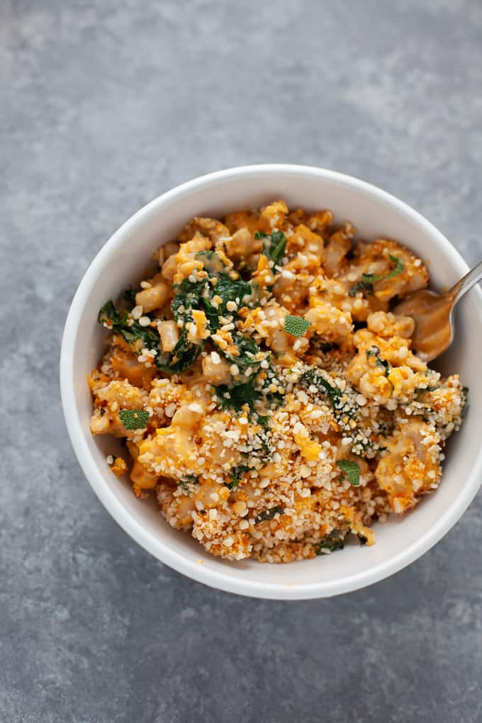 sweet potato and kale mac and cheese with sage breadcrumbs