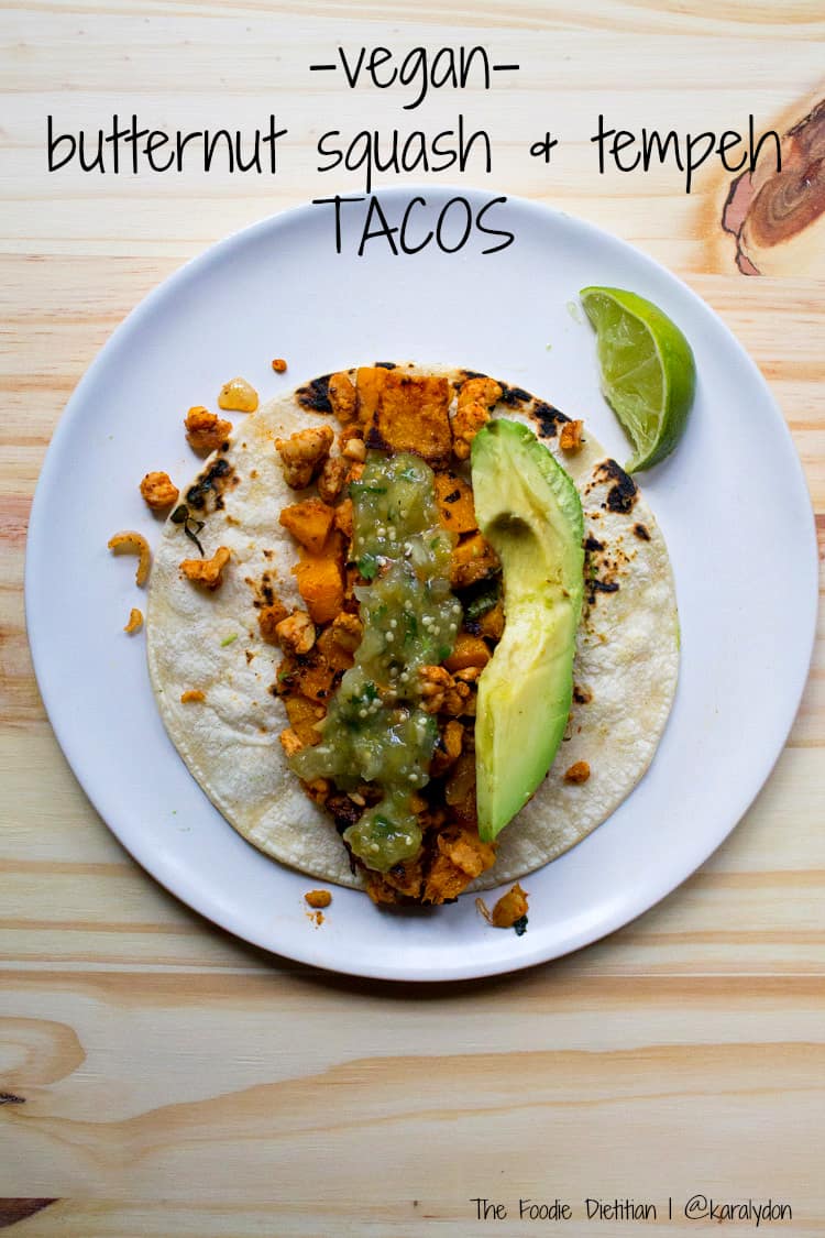 Vegan butternut squash and tempeh tacos topped with salsa verde make for a comforting and satisfying fall meal with a southwest twist! | The Foodie Dietitian @karalydon