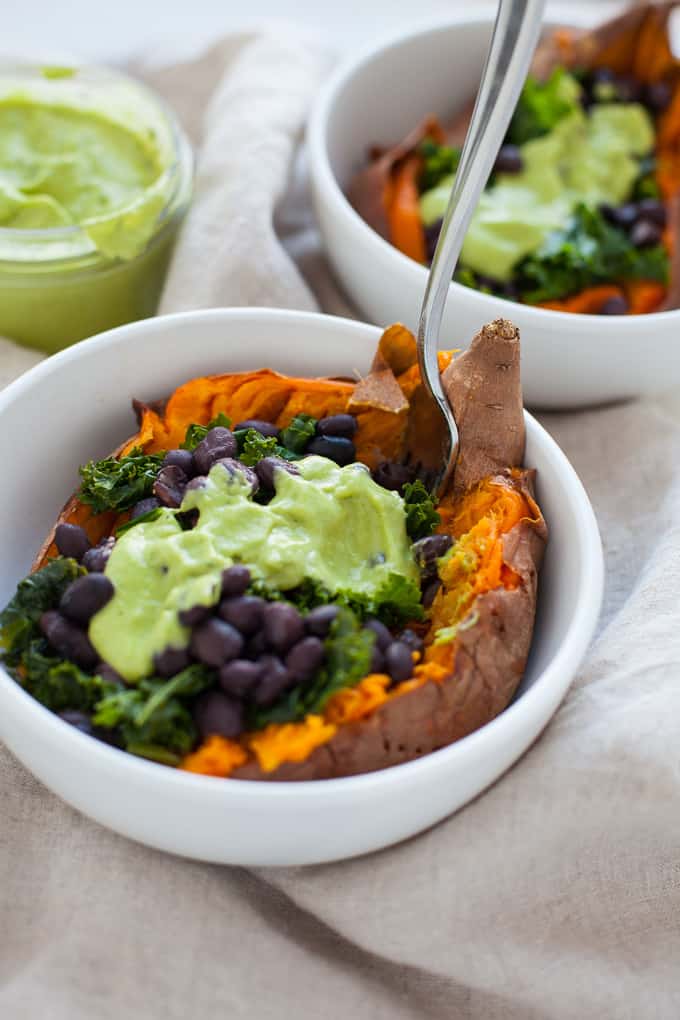 loaded sweet potato with green goddess dressing