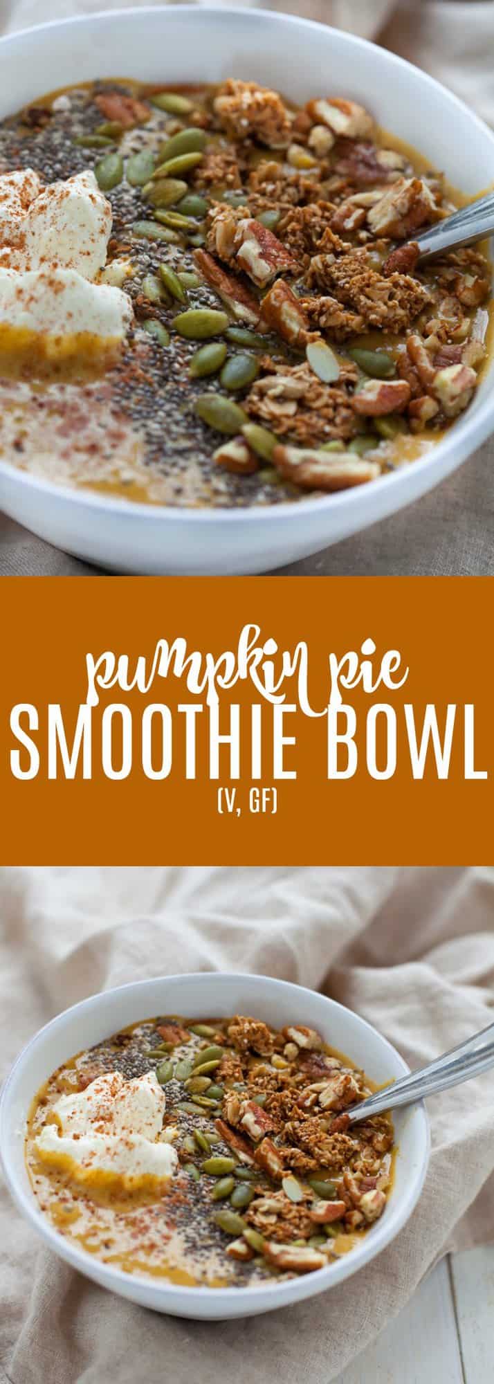 This Pumpkin Pie Smoothie Bowl is a feel-good bowl of nothing but pumpkin power. Perfect breakfast for the fall with only 4 ingredients and no sugar added! Vegan and gluten-free.