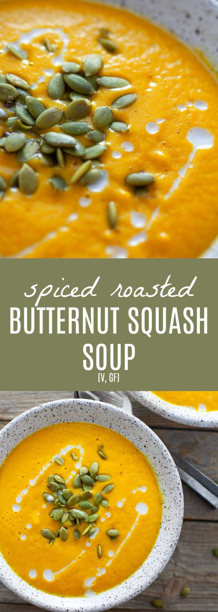 The perfect starter for the holidays, this vegan spiced roasted butternut squash soup is super creamy and has a hint of warming spice from cardamom. Easy to make in a high-speed blender or on the stove-top! #butternutsqaush #vegan #soup