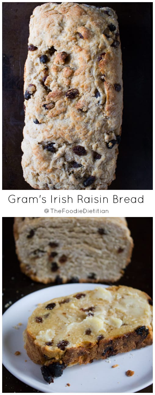 Gram's Irish Raisin Bread is a tradition that goes back 3 generations to my great-grandmother who was born in Ireland. Not your traditional raisin bread, this bread is hearty, but not super sweet. With a slab of butter, it's the perfect complement to a Thanksgiving or holiday meal. | @TheFoodieDietitian