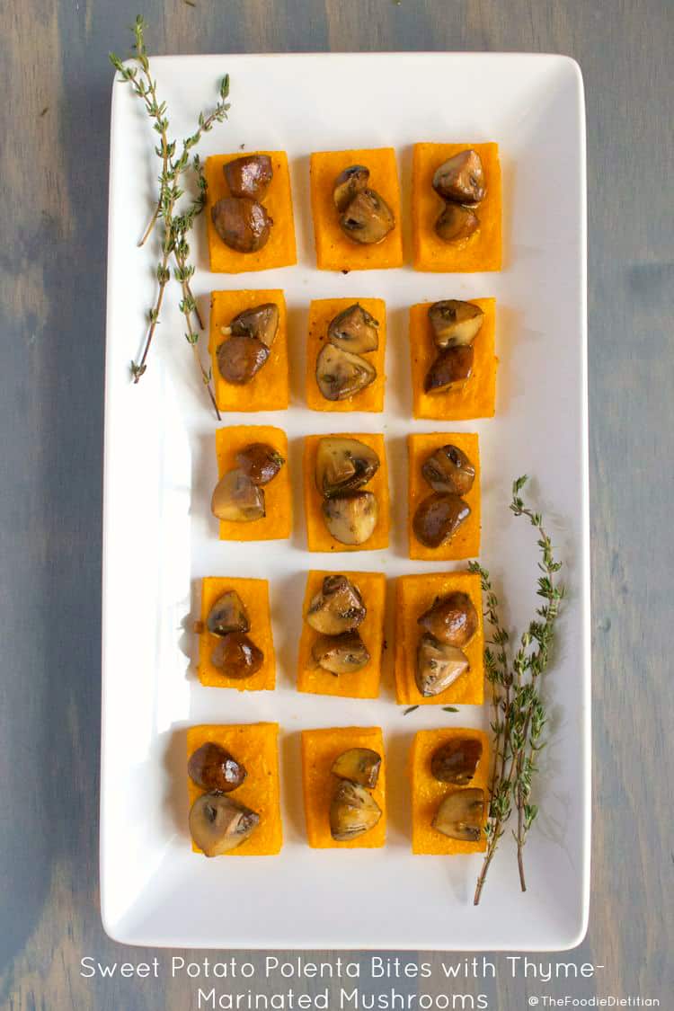 Perfect as a Thanksgiving or holiday appetizer, these sweet potato polenta bites are topped off with a deliciously savory thyme-infused mushroom marinade. Your guests won't be able to keep their hands off them! | @TheFoodieDietitian