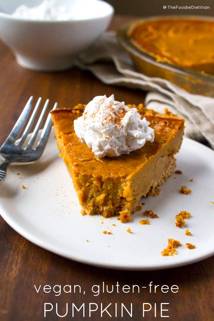 Vegan gluten-free pumpkin pie is so delicious that your Thanksgiving guests won't know the difference. Made with less sugar too! The secret ingredient to its creamy deliciousness? Silken tofu. | @TheFoodieDietitian