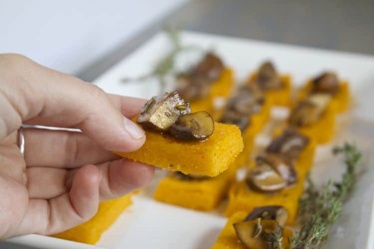 Sweet Potato Polenta Bites with Thyme Mushrooms | @TheFoodieDietitian