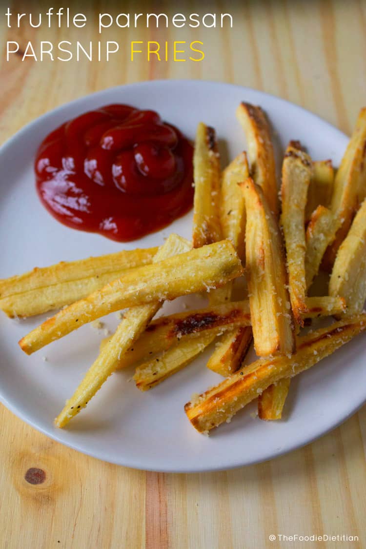 Savory with a hint of sweet, these parmesan truffle parsnip fries are an awesome guilt-free game day snack. | @TheFoodieDietitian