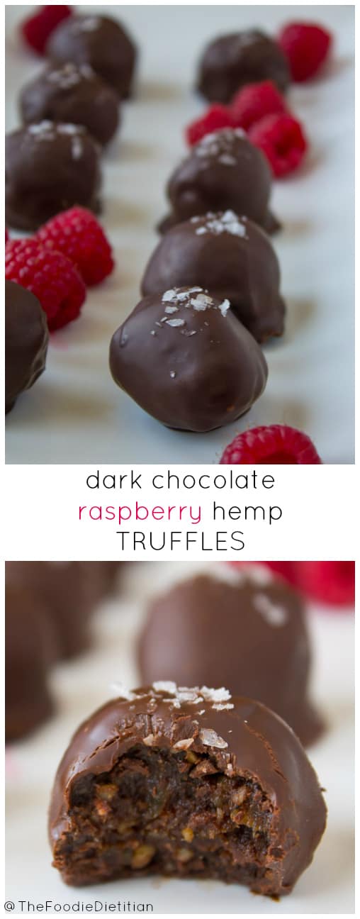 The perfect guilt-free, sweet treat for Valentine's Day - these dark chocolate raspberry hemp truffles are packed with nutrition, contain no added sugar, but taste super indulgent! | @TheFoodieDietitian