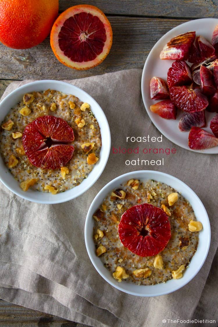 A hearty breakfast that's almost too pretty to eat! Roasted blood orange oatmeal is sweet, tart, and satisfying - perfect for a winter's morning! | @TheFoodieDietitian