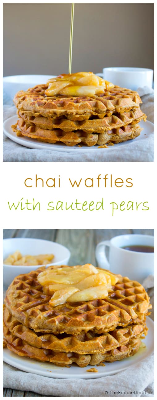 Chai waffles with sautéed pears are a delicious combo of sweet and spice..and everything nice. Perfect for a weekend breakfast with the fam. | @TheFoodieDietitian