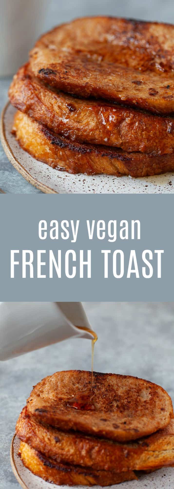 This easy vegan french toast calls for only 5 ingredients! And it's still crispy, sweet and golden-brown. Perfect for Sunday brunch, or my favorite - breakfast for dinner! #vegan #frenchtoast