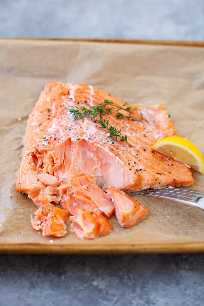 slow cooked salmon with lemon slice