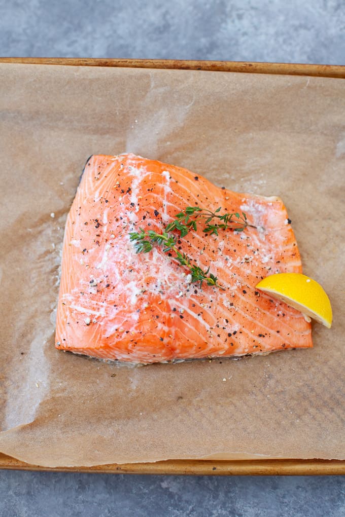 slow cooked salmon with lemon slice