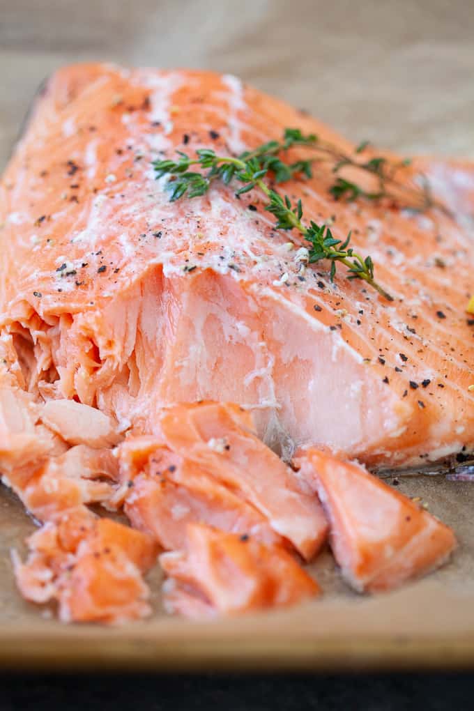 slow cooked salmon with lemon slice