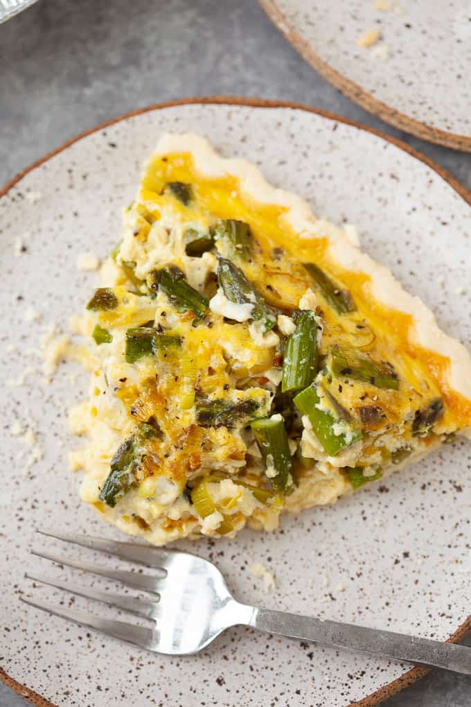 slice of quiche with asparagus and leek
