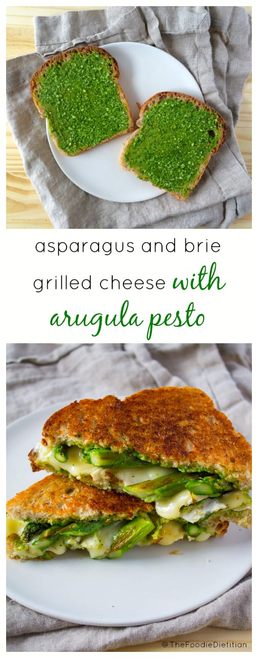 A grown-up grilled cheese for spring! Asparagus and Brie Grilled Cheese is finished off with an arugula pesto to seal the deal. | @TheFoodieDietitian