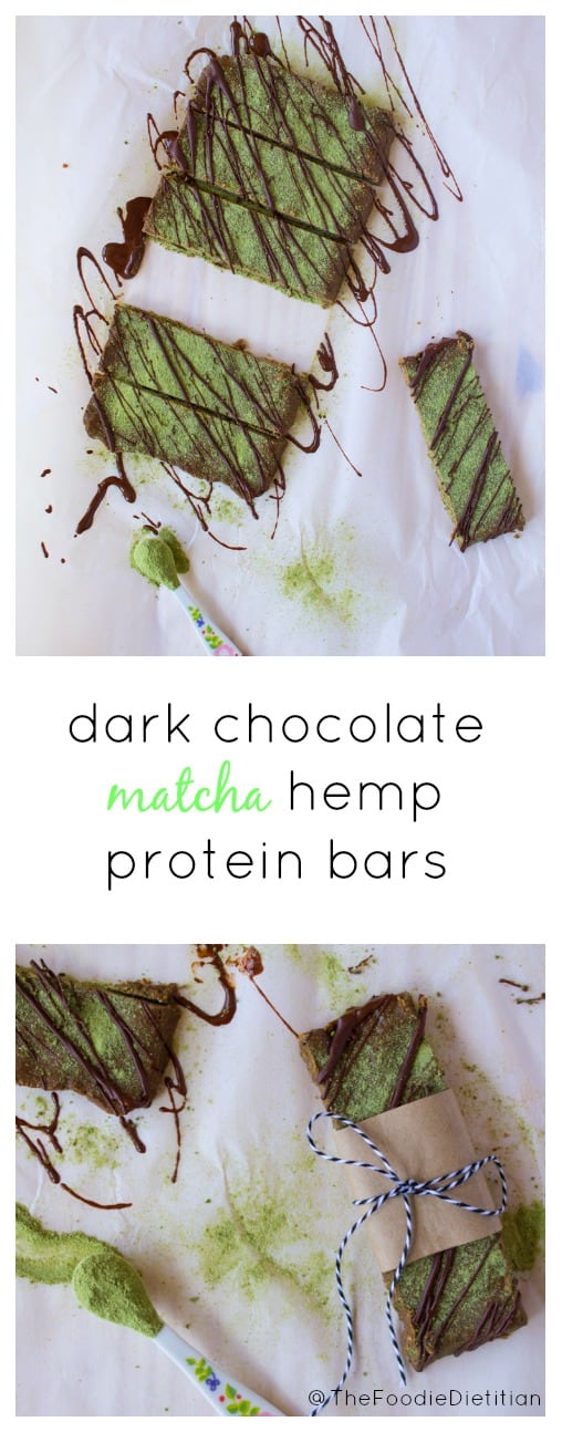 The perfect homemade protein bar for on-the-go! A nutrition-packed snack, dark chocolate matcha hemp protein bars are made with real ingredients and loaded with antioxidants, fiber, and protein. | @TheFoodieDietitian