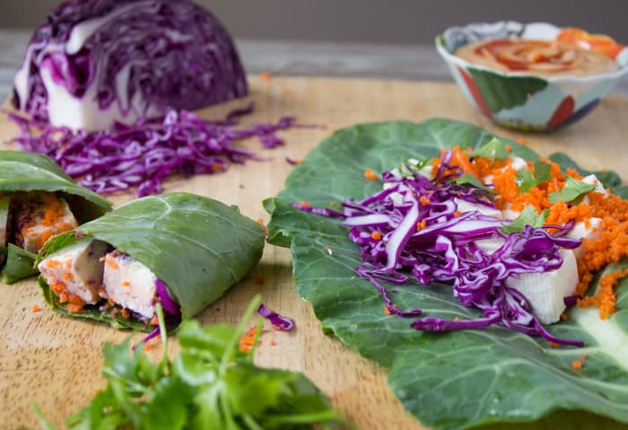 Collard Green Wraps with Tofu and Thai Peanut Sauce | @TheFoodieDietitian