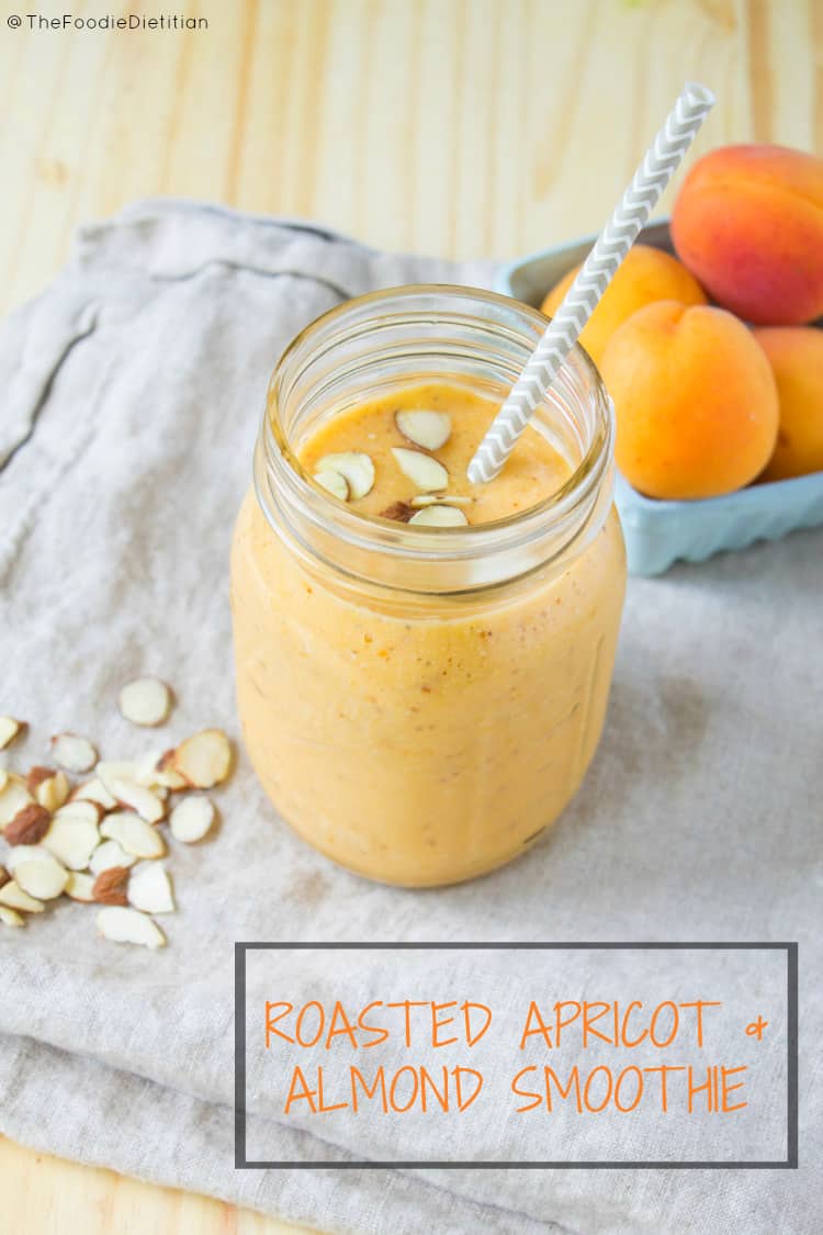 A smoothie that's sure to quench your thirst (and hunger!), this roasted apricot almond smoothie is sweet, nutty, and refreshing, and will be making a regular appearance in my kitchen this summer. | @TheFoodieDietitian