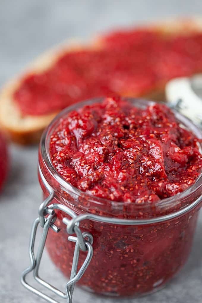 Strawberry jam made with chia inside of a jar