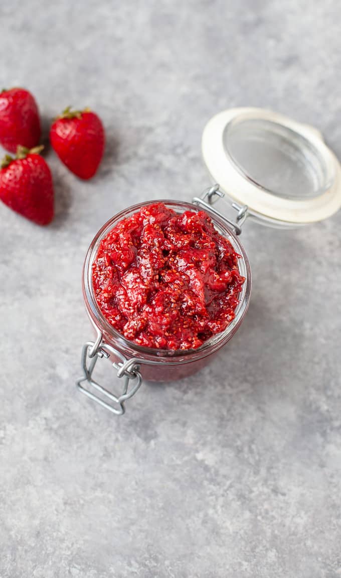 Textured strawberry chia jam with fresh strawberries
