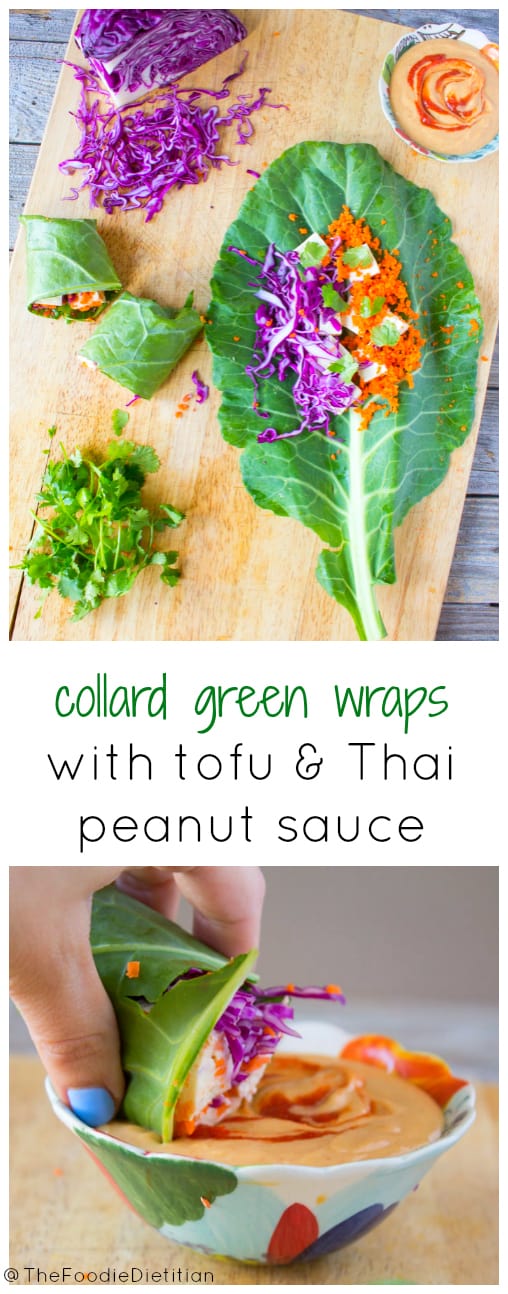 Ditch the bread for your next sandwich wrap and use nutrient-packed collard greens! Start with these collard green wraps with tofu and thai peanut sauce. | @TheFoodieDietitian
