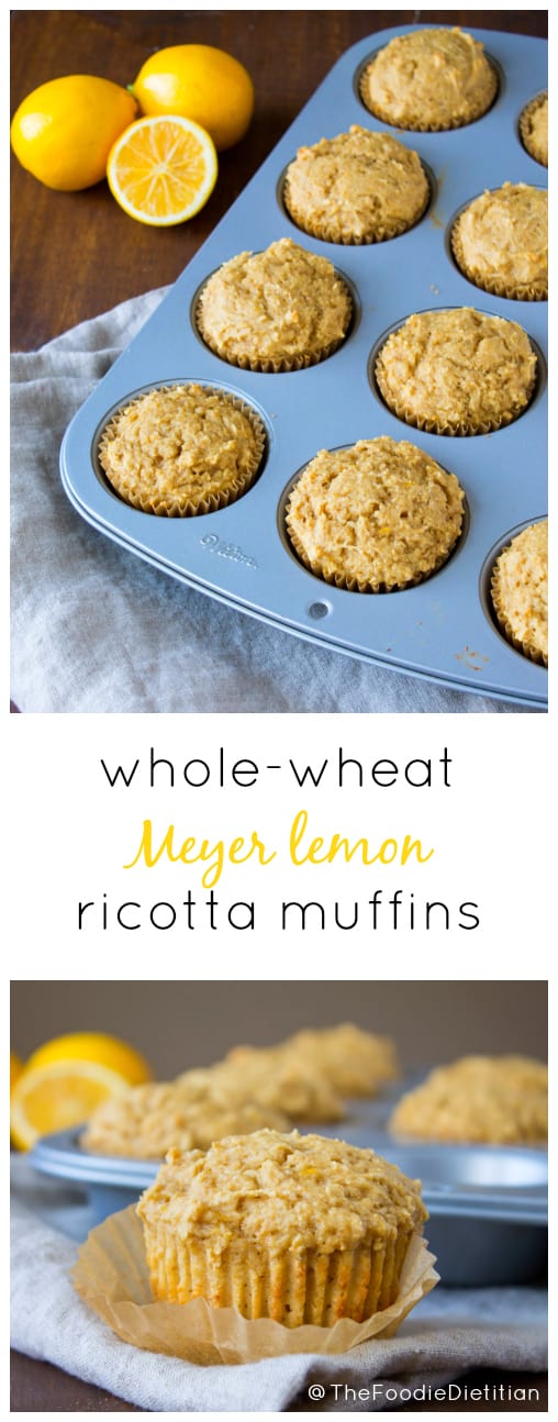 Wholesome, light and refreshing, whole wheat Meyer lemon ricotta muffins are the perfect treat for Mother's Day brunch. | @TheFoodieDietitian