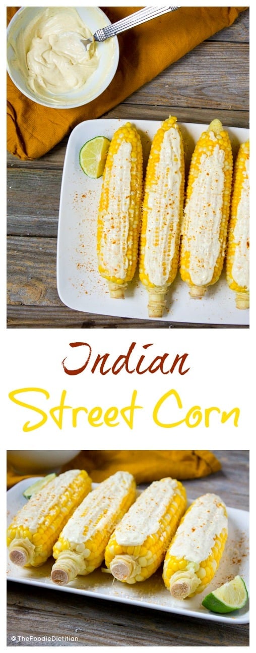 A spin on Mexican street corn, this Indian-inspired version is topped with a curried yogurt sauce. Try Indian Street Corn at your next barbecue! | @TheFoodieDietitian