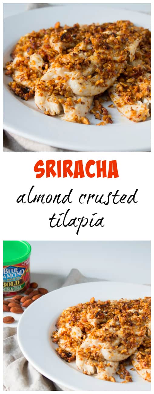 Seafood with a kick! Sriracha almond crusted tilapia is satisfyingly crunchy and bursting with flavor. | The Foodie Dietitian @karalydon