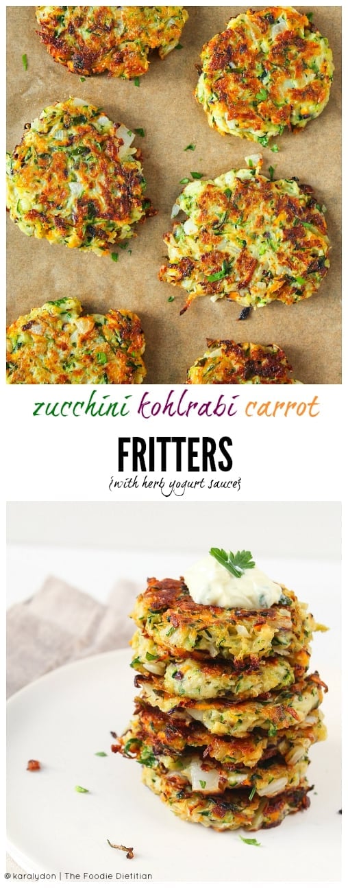 Use up all your CSA veggies with easy-to-make fritters. These zucchini kohlrabi carrot fritters with herb yogurt sauce make for a quick and delicious weeknight dinner. | @karalydon