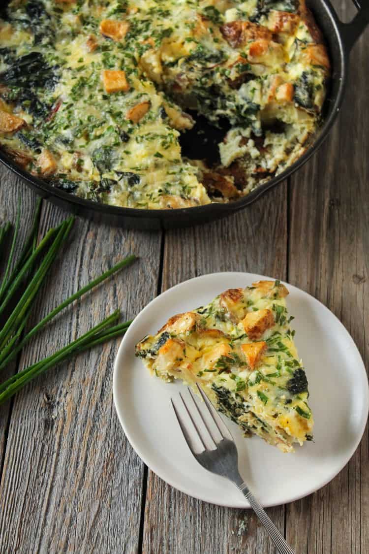 Throw all your leftover veggies into a frittata! Chard Potato Chive Frittata