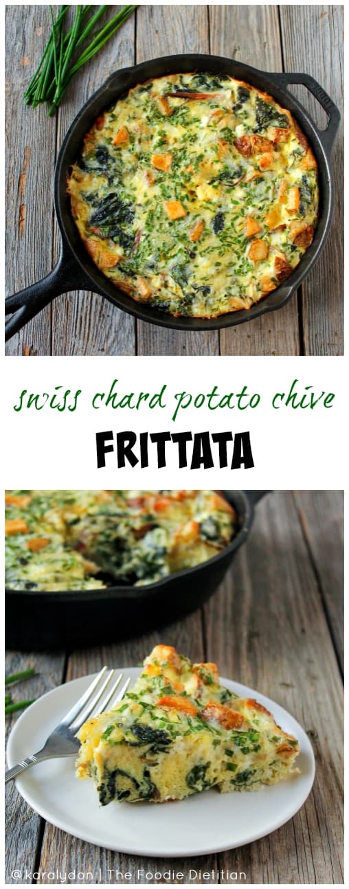 Throw leftover or excess veggies into a frittata for an easy weeknight dinner. This Swiss Chard Potato Chive Frittata can easily be adapted for what veggies you have on hand.