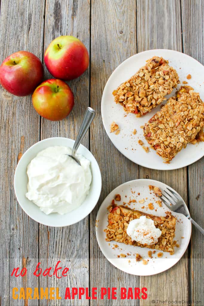 No Bake Caramel Apple Pie Bars are dairy-free and vegan, and made with (mostly) naturally occurring sugars from the dates. Healthy enough for breakfast or dessert!
