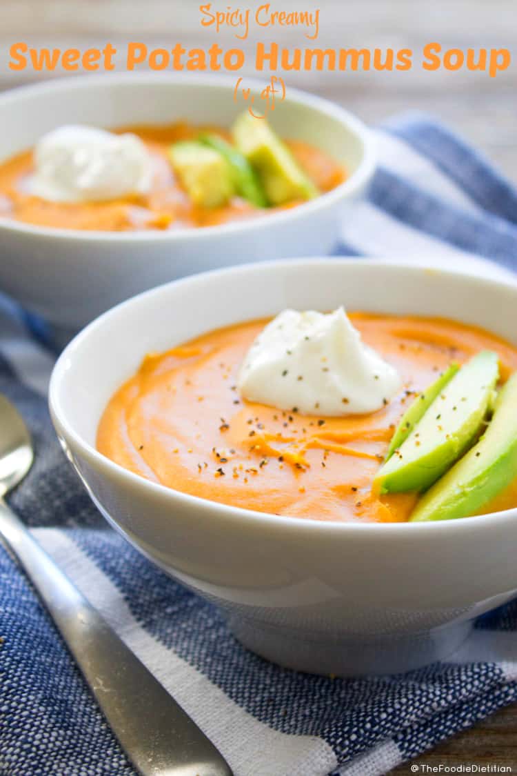 Sweet potato hummus soup with a kick! Don't be weirded out by the hummus - it makes this soup rich and creamy without the addition of dairy! Vegan and gluten-free friendly. 