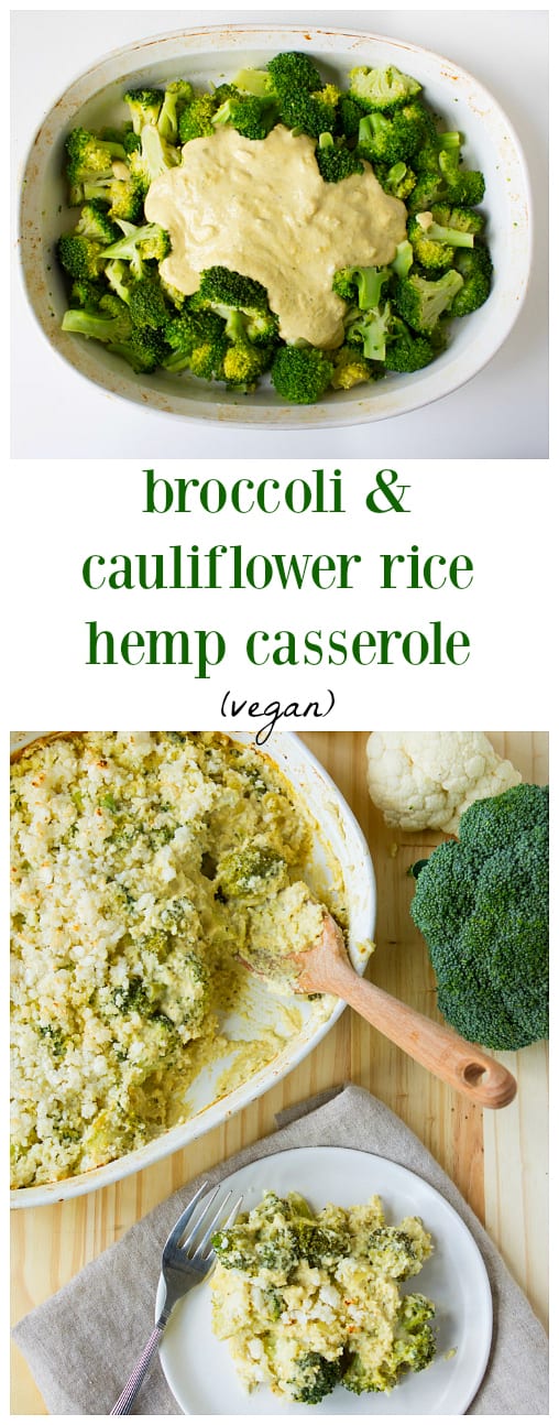 This vegan broccoli and cauliflower rice hemp casserole is the perfect vegan-friendly twist on a traditional holiday classic side dish. 