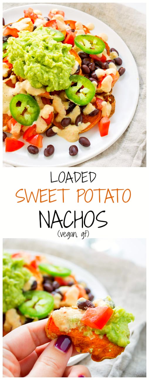 These vegan loaded sweet potato nachos are crispy, crunchy and topped with all the delicious fixings, including a cashew nacho cheese! Perfect for a game-day snack.