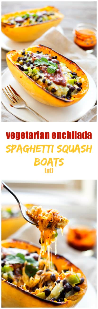 Mexican food with a delicious healthy twist. These good-for-you vegetarian enchilada spaghetti squash boats are cheesy, saucy, and spicy - the perfect taste trifecta! 