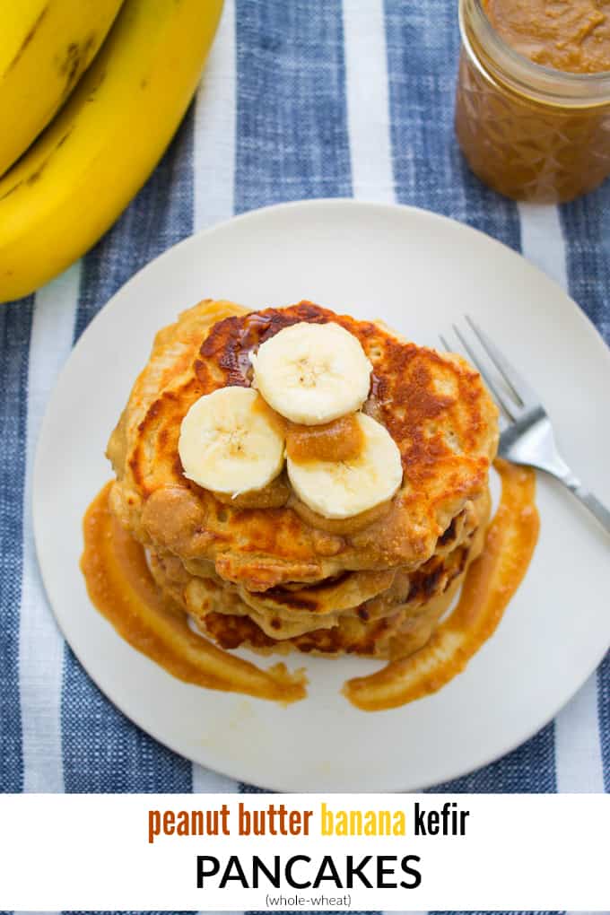 These whole-wheat peanut butter banana kefir pancakes are light and fluffy, sweet and satisfying. The classic peanut butter and banana combo makes this a perfect breakfast for the whole fam to enjoy. 
