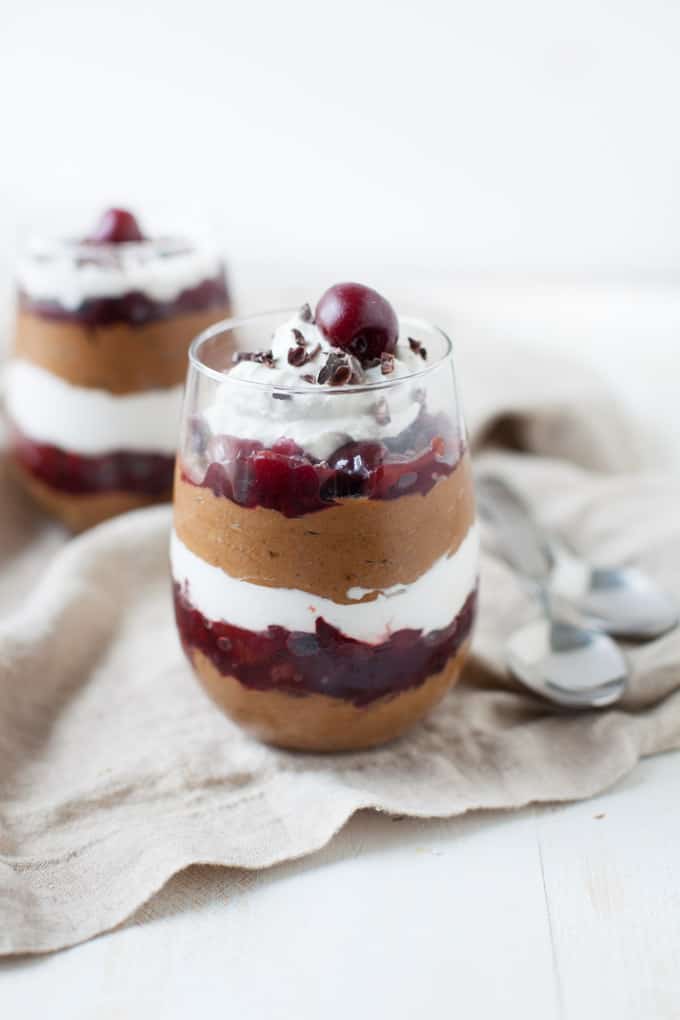 two glasses of vegan black forest trifle