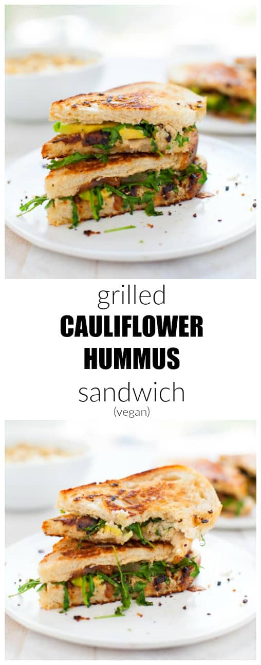 Cauliflower hummus is a new spread that's sure to rock any sandwich - this drool-worthy grilled cauliflower hummus sandwich is packed with avocado, caramelized onion and arugula. Lunch never looked better.