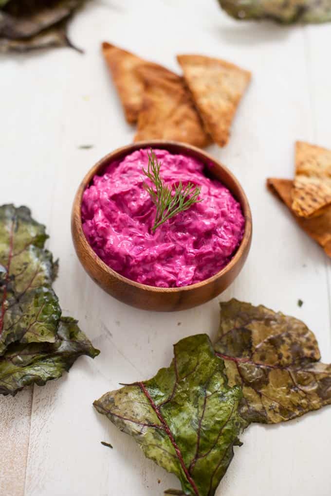 beet tzatziki with beet green chips 