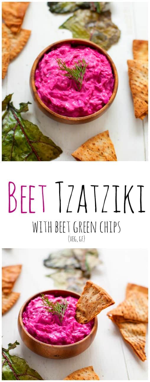 Nutrition packed and vibrant in color, this creamy, delicious beet tzatziki is one not to miss. Bonus points for using the whole beet plant to make beet green chips to go with!