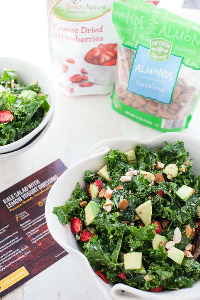 A delicious recipe for kale salad with lemon yogurt dressing inspired by my latest trip to ALDI. PLUS, a giveaway for $100 ALDI Gift Card!