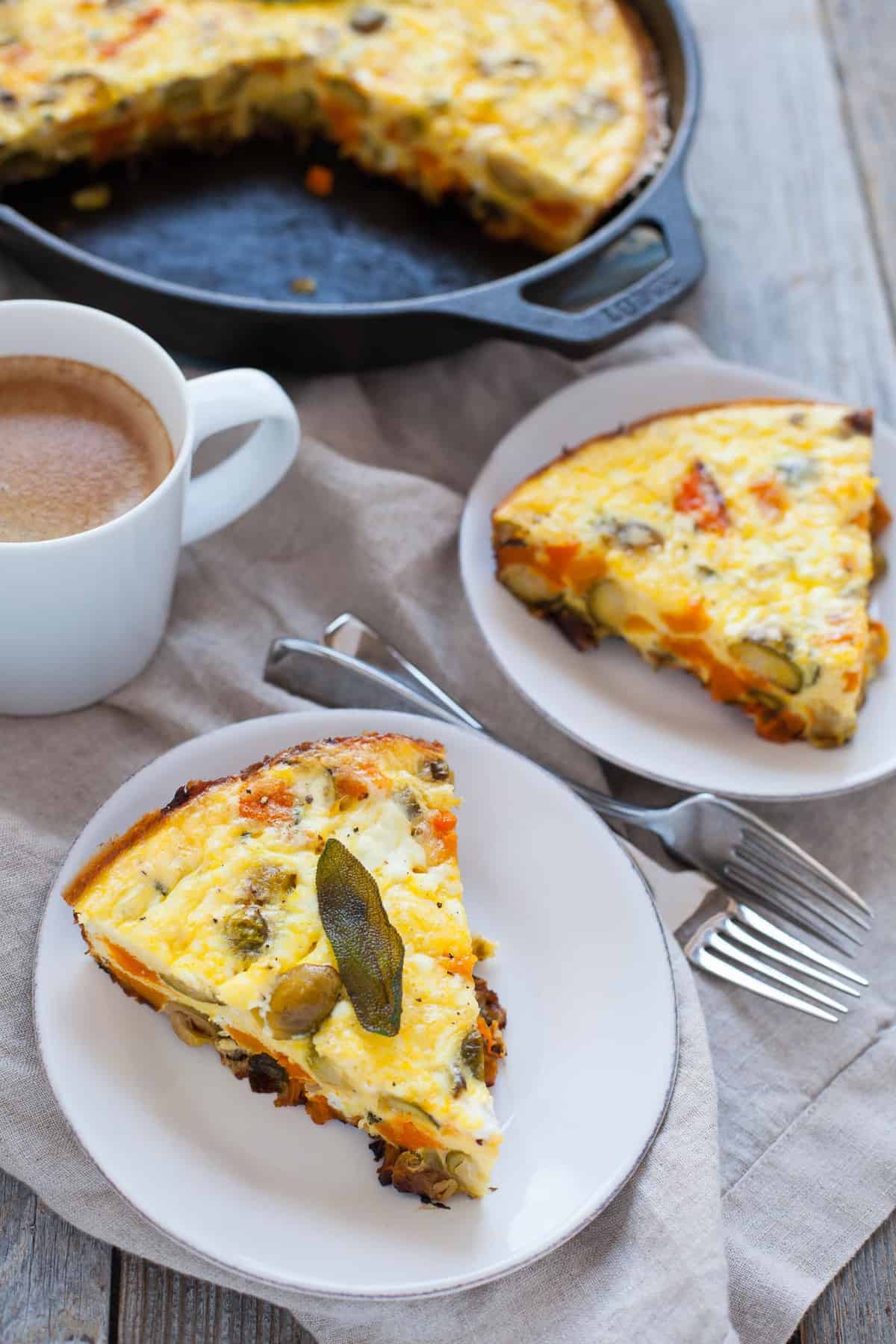 Searching for a post-holiday dish that will use up all your leftovers? Enter the Thanksgiving Breakfast frittata, packed with butternut squash, Brussels sprouts and sage. Perfect for the morning after Thanksgiving!