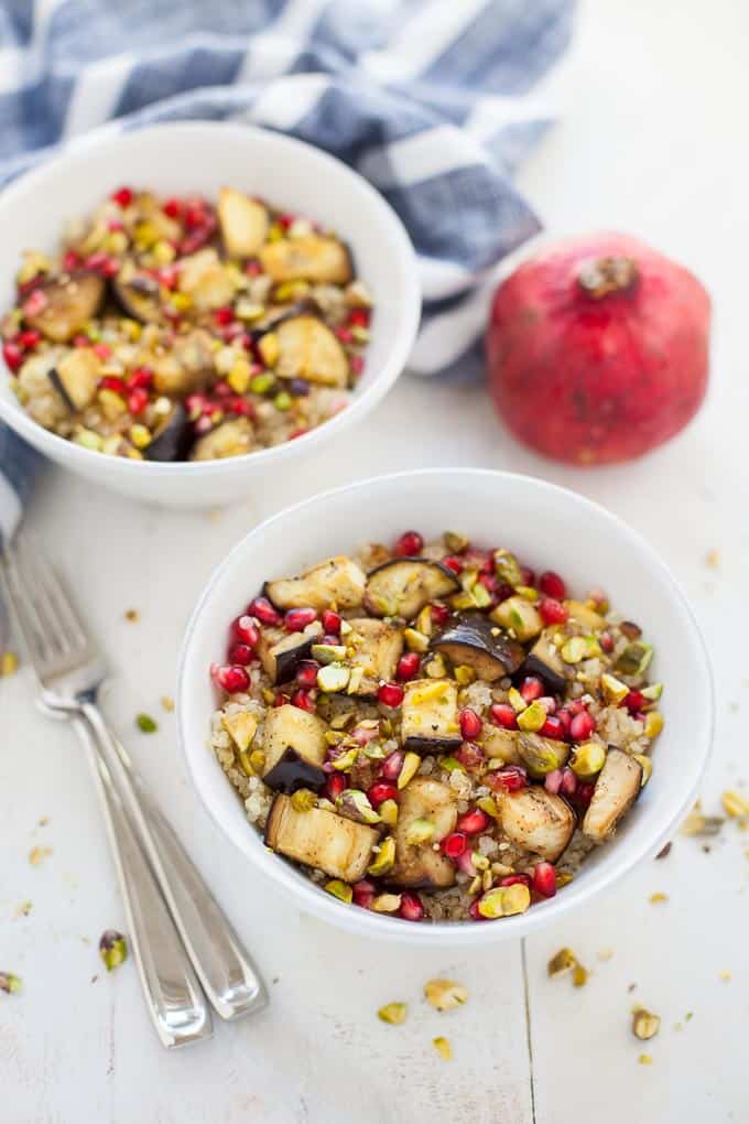 middle eastern quinoa salad with eggplant and pomegranate