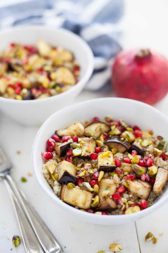 middle eastern spiced quinoa salad with eggplant and pomegranate